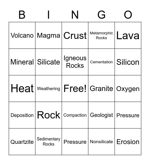 Rocks and Minerals Bingo Card