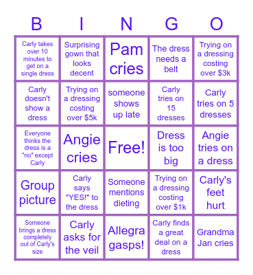 Lagasse/O'Dell Wedding Dress Shopping Bingo Card