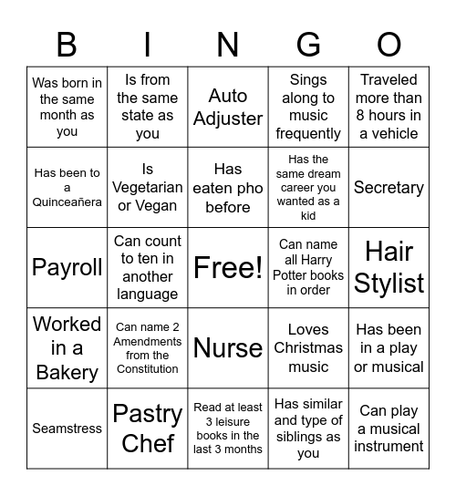 Ask Around to Find Someone Who.... Bingo Card