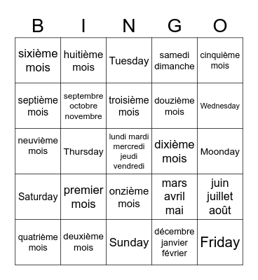 Mois/Saisons/Jours Loto/Bingo Card