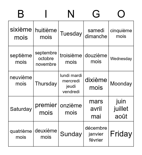 Mois/Saisons/Jours Loto/Bingo Card