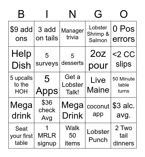 Lobstar Bingo Card