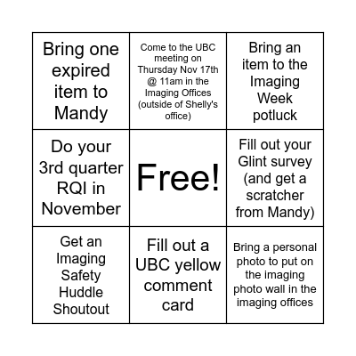 Imaging Dept UBC Bingo Card