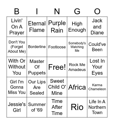 1980s Music Bingo Card