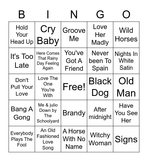 70s Hits Bingo Card