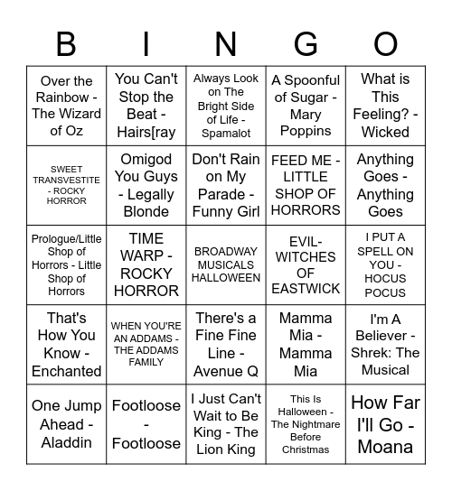 MUSICALS/HALLOWEEN Bingo Card