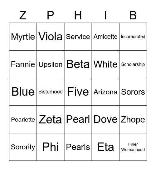 Zeta Bingo Card