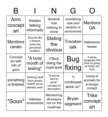 The Isle Devblog 30 Bingo Card