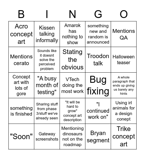 The Isle Devblog 30 Bingo Card