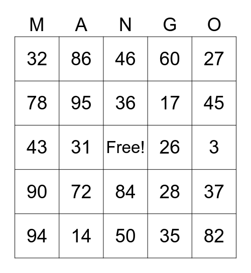 Bingo Mango Bingo Card