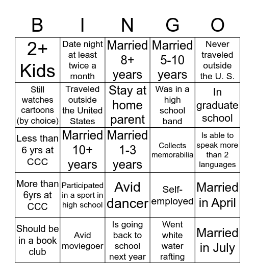 Fun Facts! Bingo Card