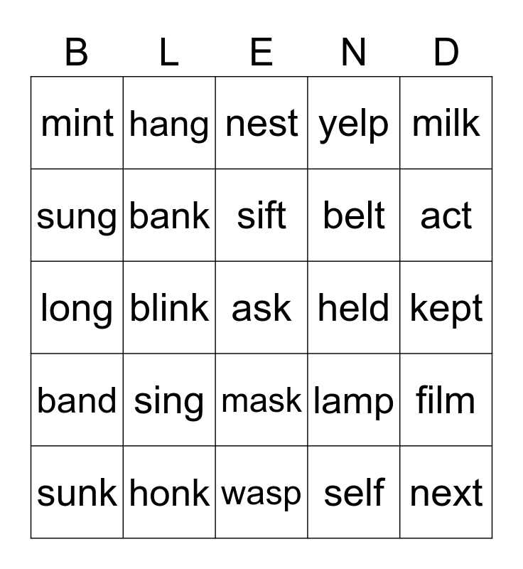 End Blends Bingo Card