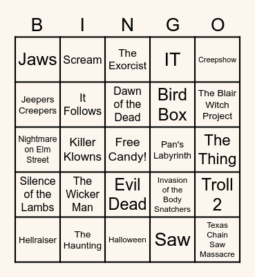 Horror Movie Bingo Card