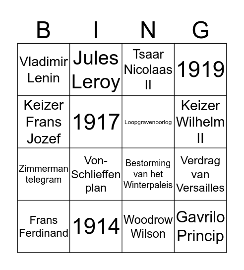 De Eerste Wereldoorlog bingo Card