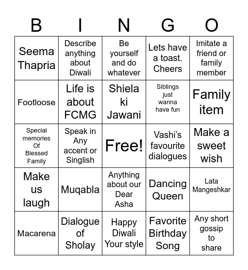 Blessed family Diwali 2023 Bingo Card