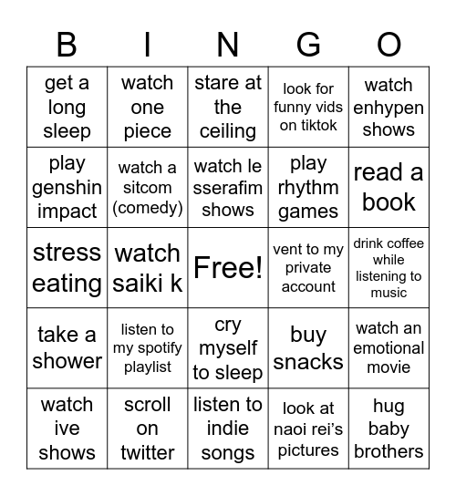 My Stress Survival BINGO Card Bingo Card