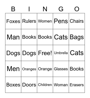 Singular vs Plural Bingo Card