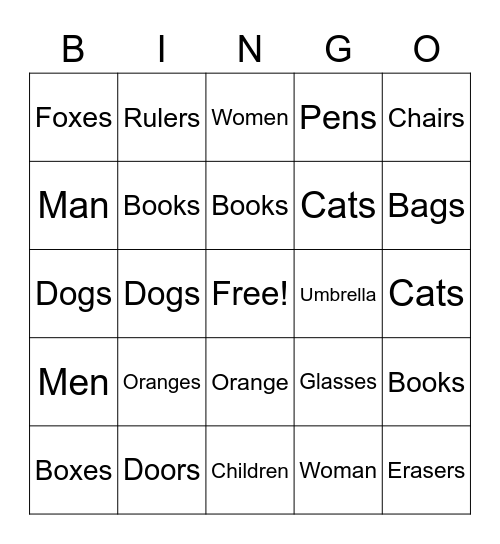 Singular vs Plural Bingo Card