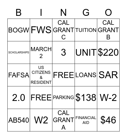 FINANCIAL AID BINGO Card