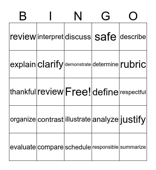 Academic Vocabulary Bingo Card