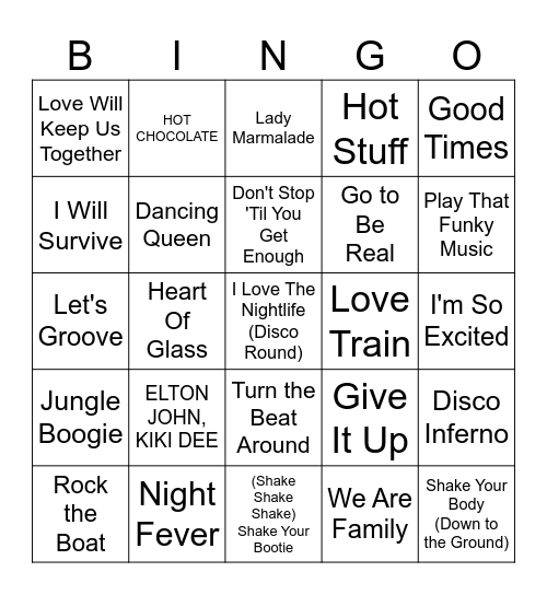 38 Disco Hits Bingo Card