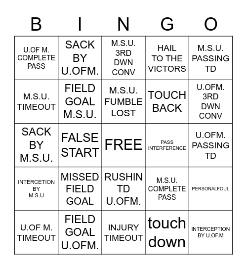 Michigan  vs Michigan State Bingo Card