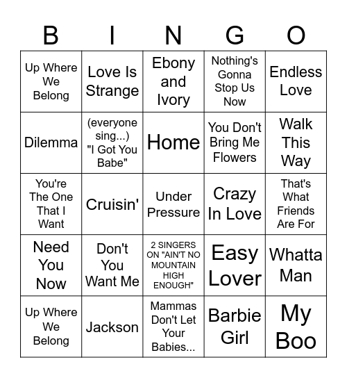 Famous "Duets" Bingo Card