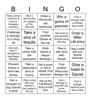 Daniel's 30th Bar Bingo Card