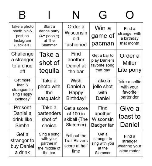 Daniel's 30th Bar Bingo Card