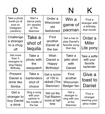 Daniel's 30th Bar Bingo Card