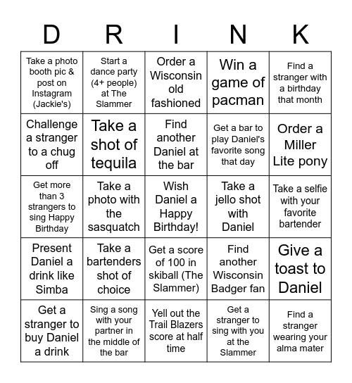 Daniel's 30th Bar Bingo Card