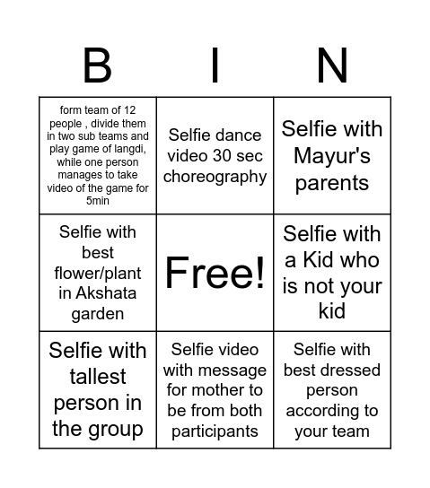 Selfie Bingo Card