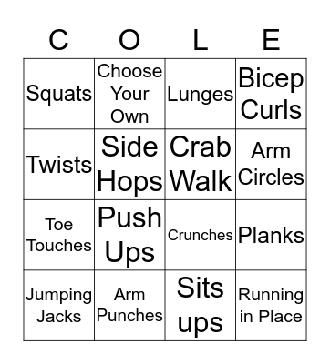Fitness Bingo Card