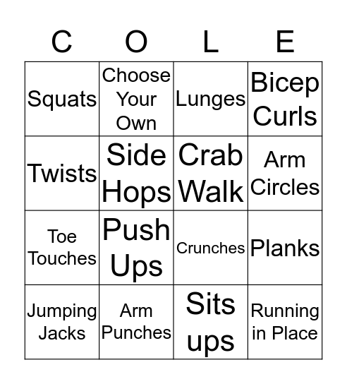 Fitness Bingo Card