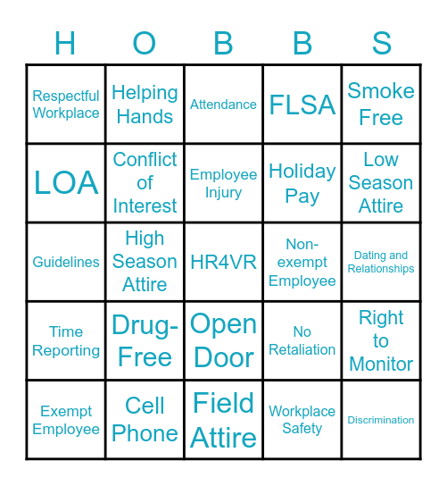 Employee Handbook Bingo Card