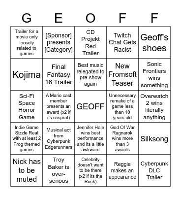 TGA 2022 Bingo Card