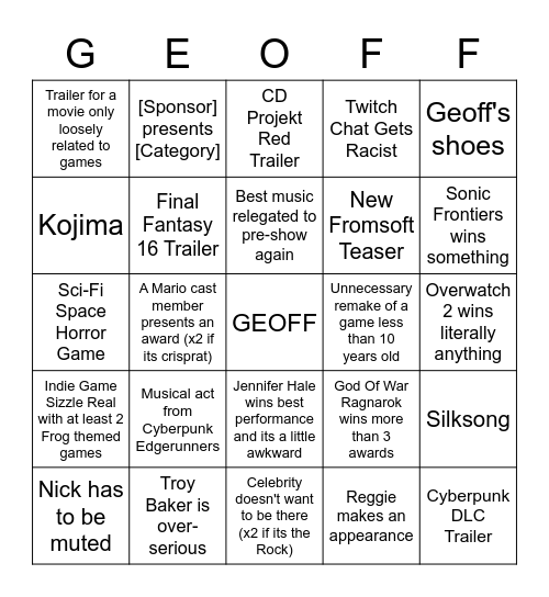 TGA 2022 Bingo Card