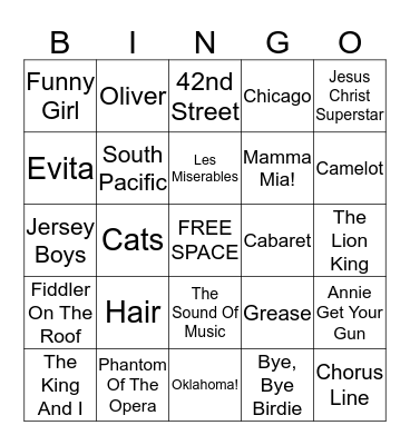 DJ Bingo Broadway Musicals Bingo Card