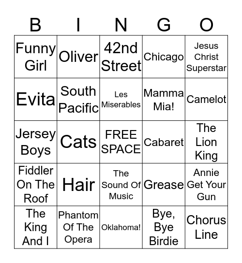 DJ Bingo Broadway Musicals Bingo Card