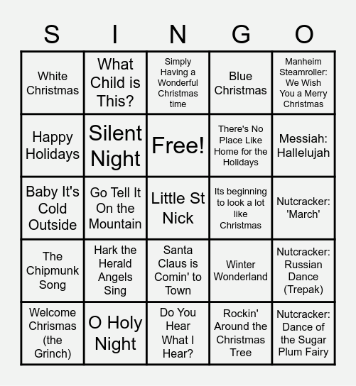Christmas Singo Bingo Card