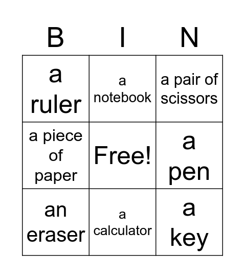 Unit 2: School Tools Vocabulary Bingo Card