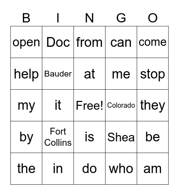 Sight Words Bingo Card