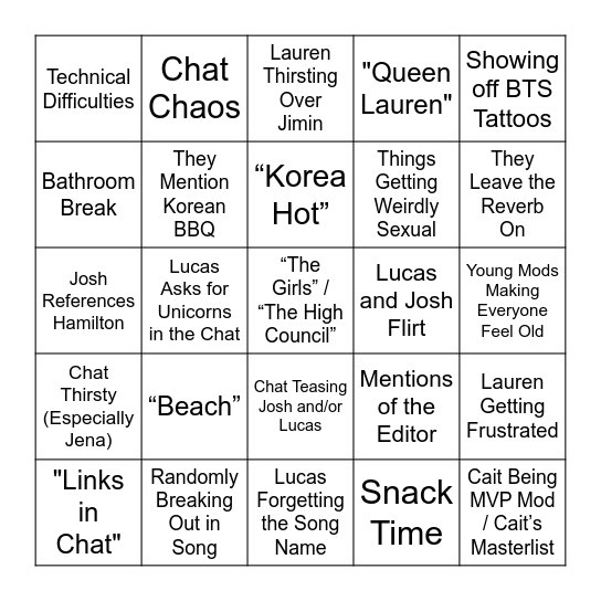 GKD Stream Bingo Card