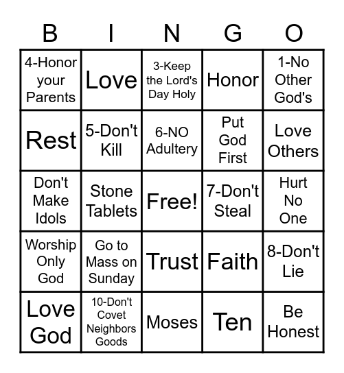 Ten Commandments Bingo Card