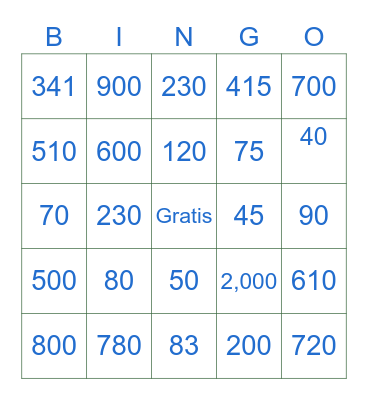 Numeros 100-1,000 Bingo Card