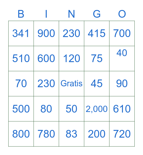 Numeros 100-1,000 Bingo Card