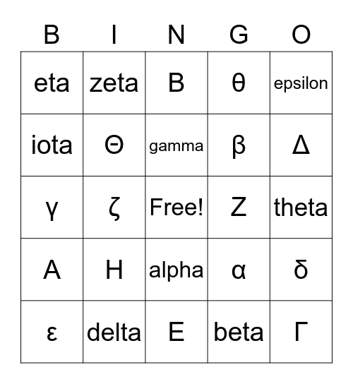 Greek Review Bingo Card