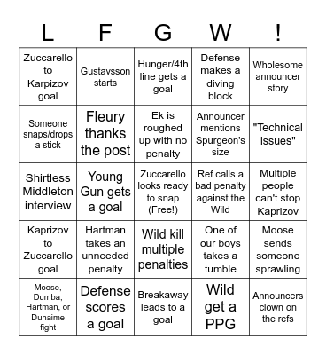 Wild 2022-2023 season Bingo Card