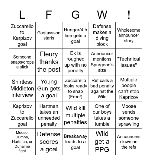 Wild 2022-2023 season Bingo Card