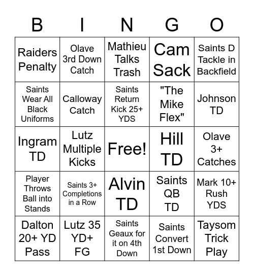 Saints V Raiders 22 Bingo Card